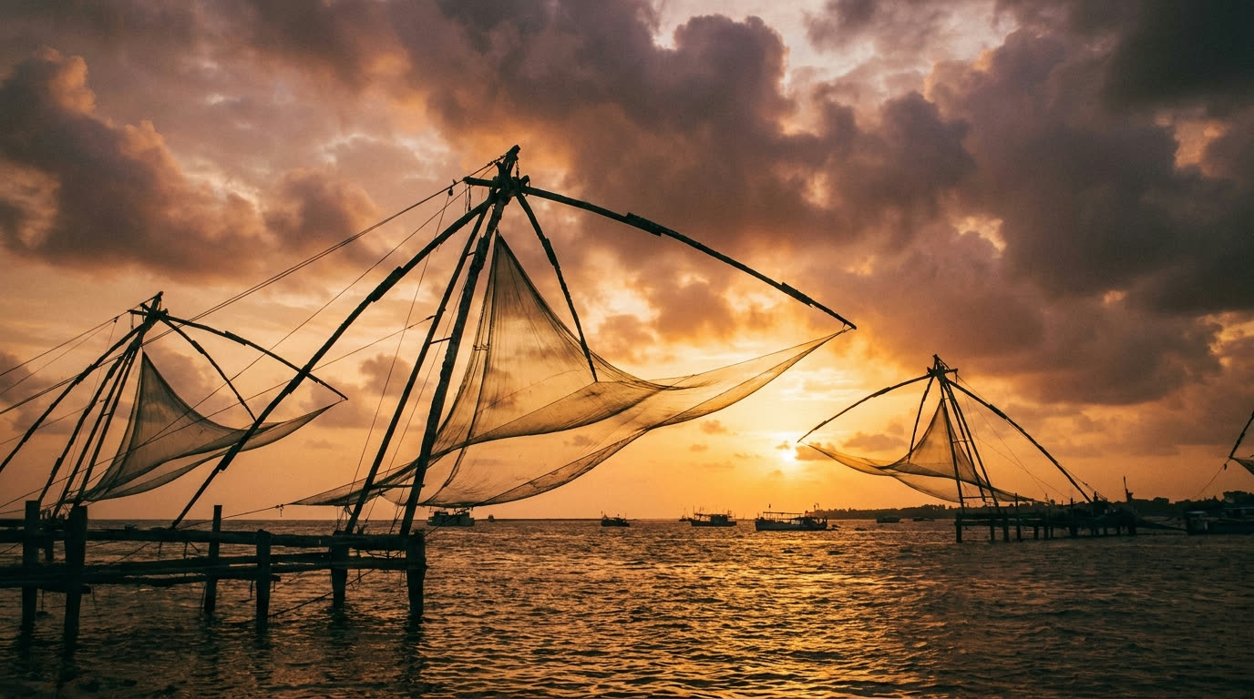 Chinese fishing nets at Fort Kochi at sunset, Kerala