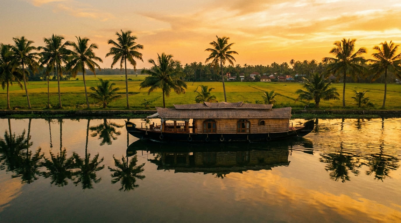 Kettuvallam houseboat on the palm-lined Kerala backwaters at golden hour
