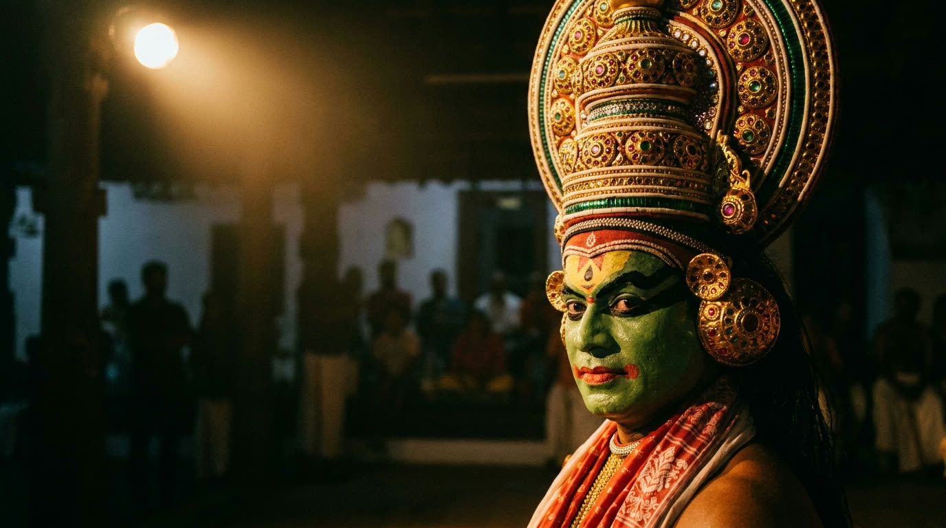 Kathakali performer in green face paint and golden headdress, Kerala
