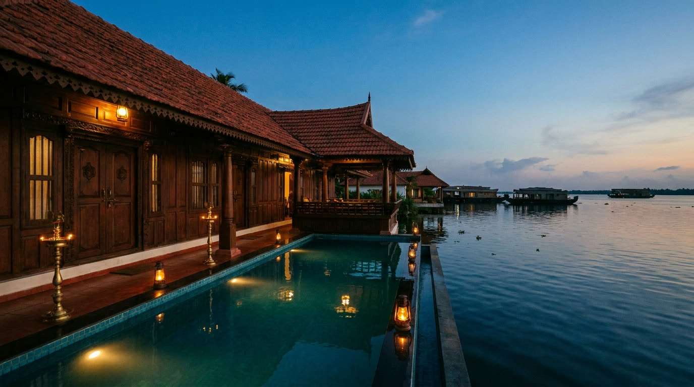 Heritage lakeside villa with private pool on Vembanad Lake at dusk, Kerala