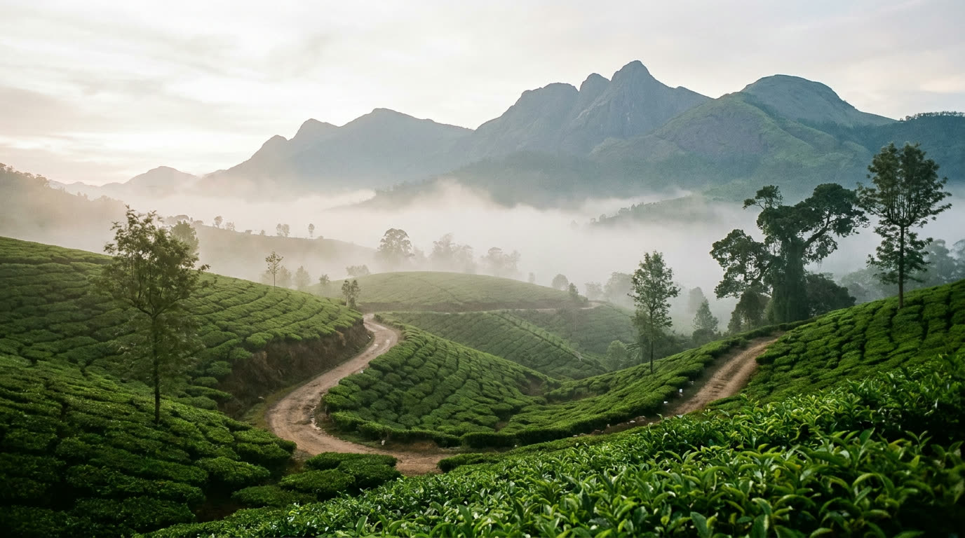 Munnar tea plantations in morning mist, Kerala