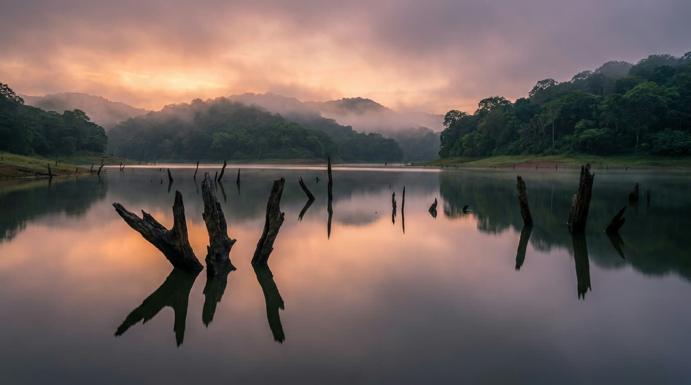 Periyar lake at dawn with mist, Thekkady, Kerala