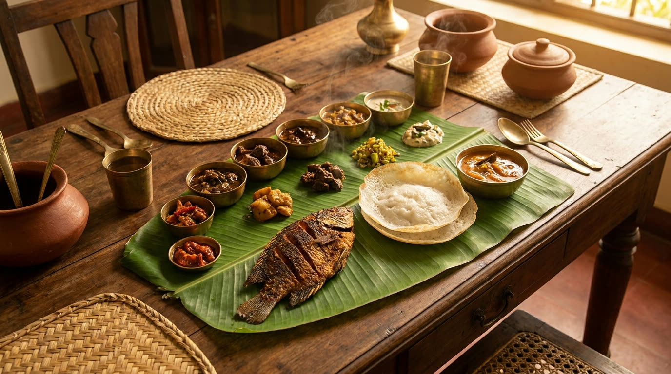 Kerala sadya feast on banana leaf with karimeen fry and appam