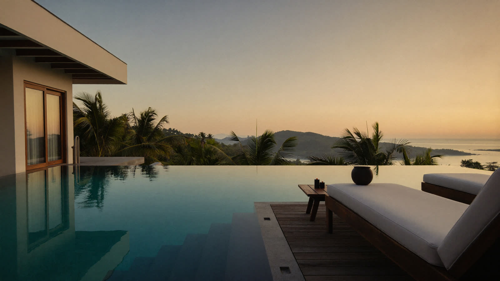 Private infinity pool villa above the Gulf of Thailand at sunset, Koh Samui