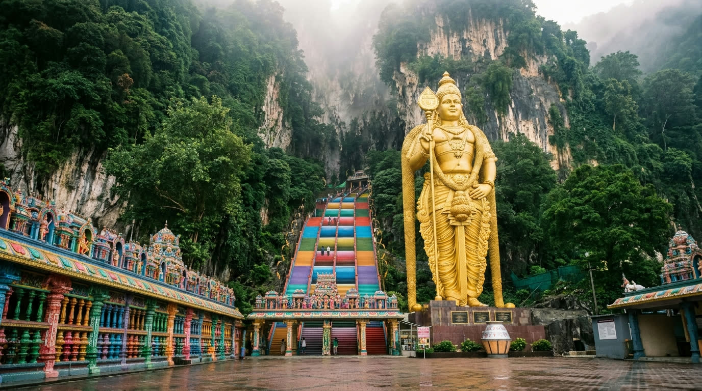Rainbow staircase and golden statue at Batu Caves in early morning light