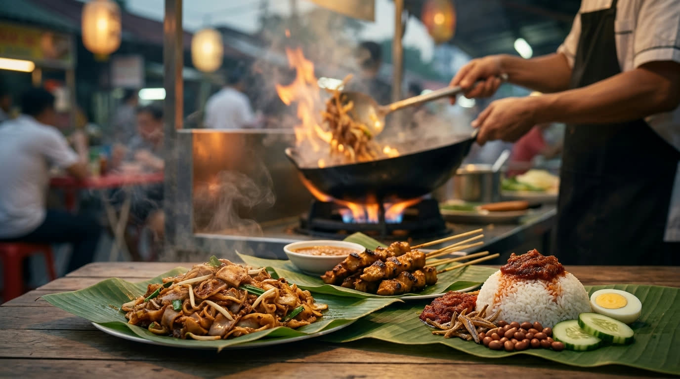 Malaysian hawker spread with satay, char kway teow and nasi lemak on banana leaf