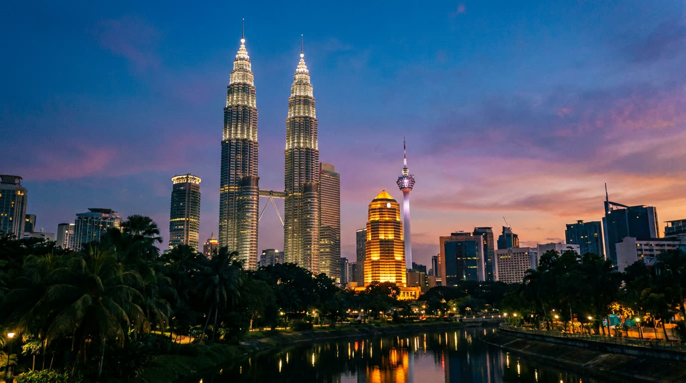 Kuala Lumpur skyline at blue hour with the illuminated Petronas Twin Towers