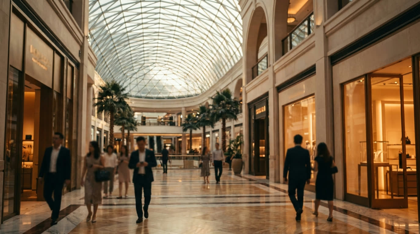 Soaring marble atrium of a luxury Kuala Lumpur shopping mall