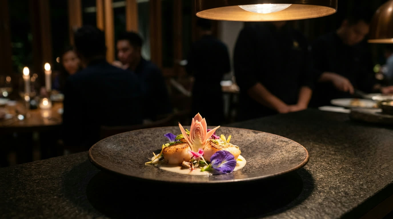 Refined Malaysian fine dining course with tropical garnish on dark ceramic