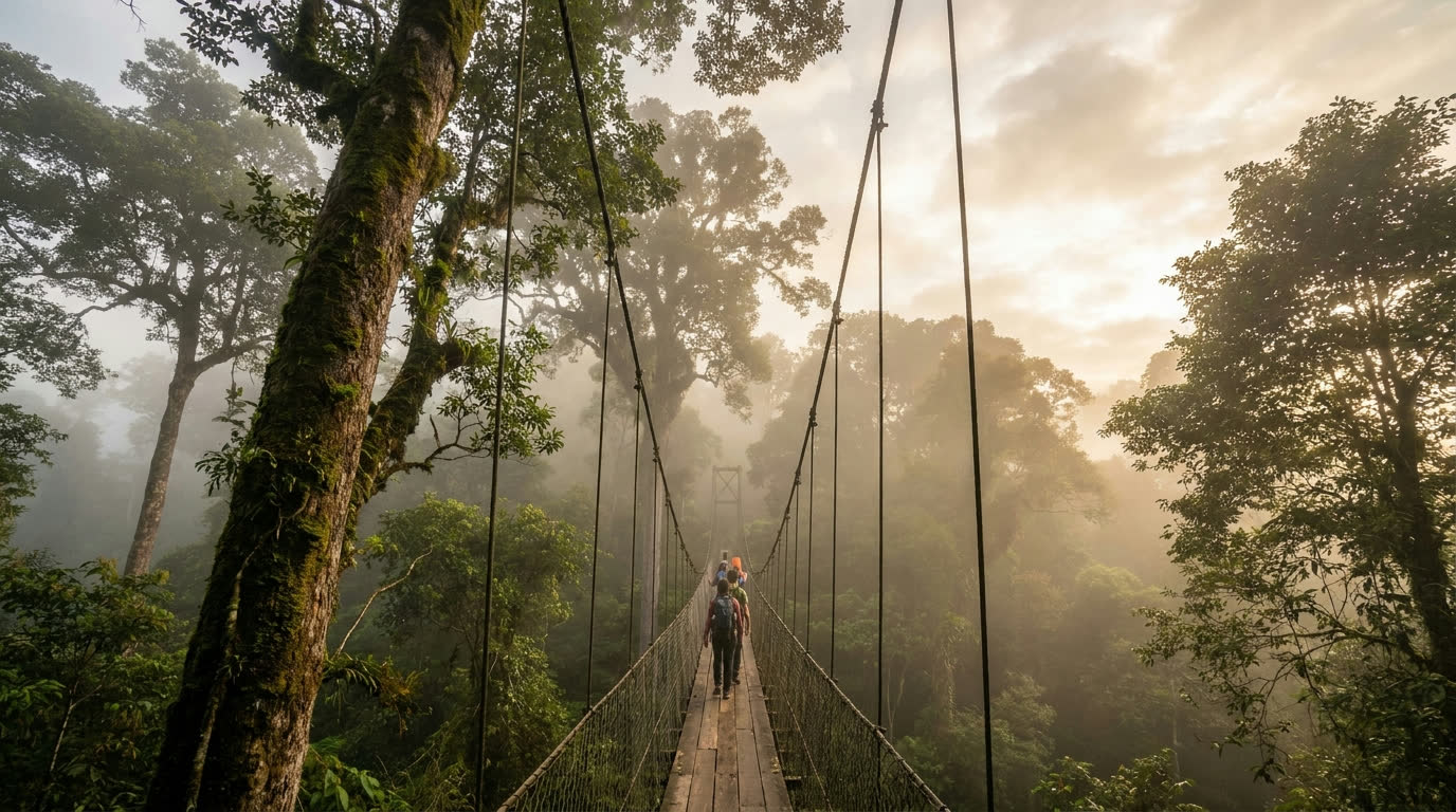 Canopy walkway suspended among giant rainforest trees in morning mist, Malaysia