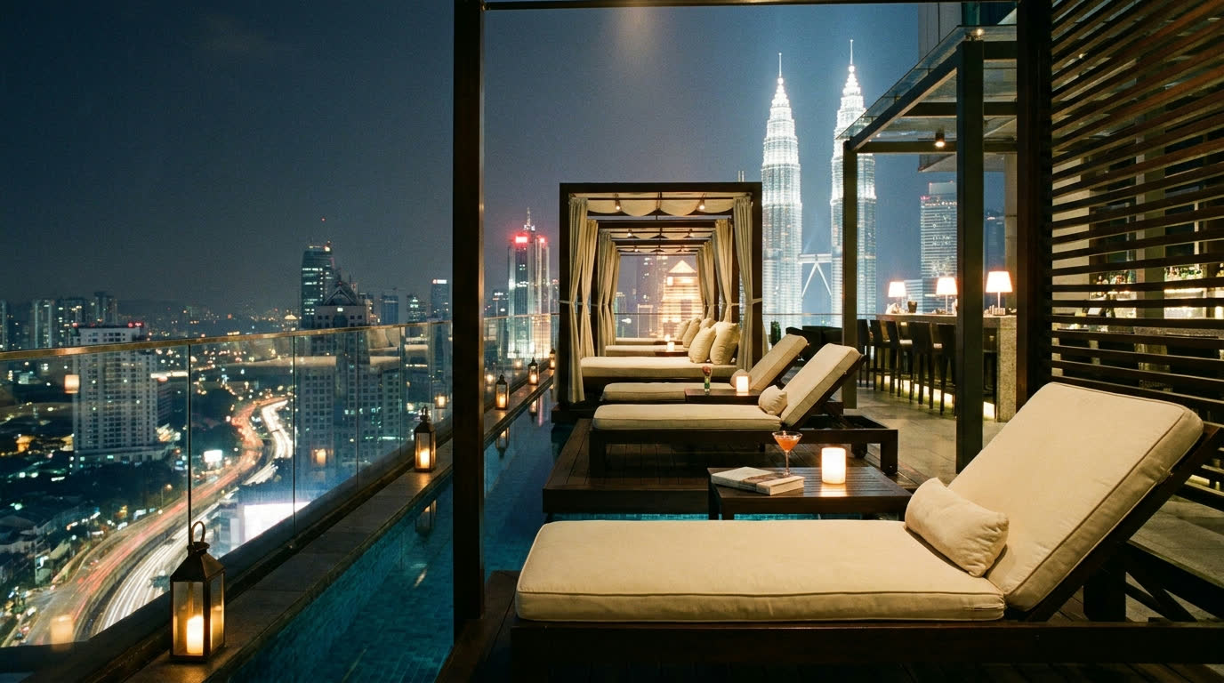 Rooftop infinity pool overlooking Kuala Lumpur's lit skyline at night