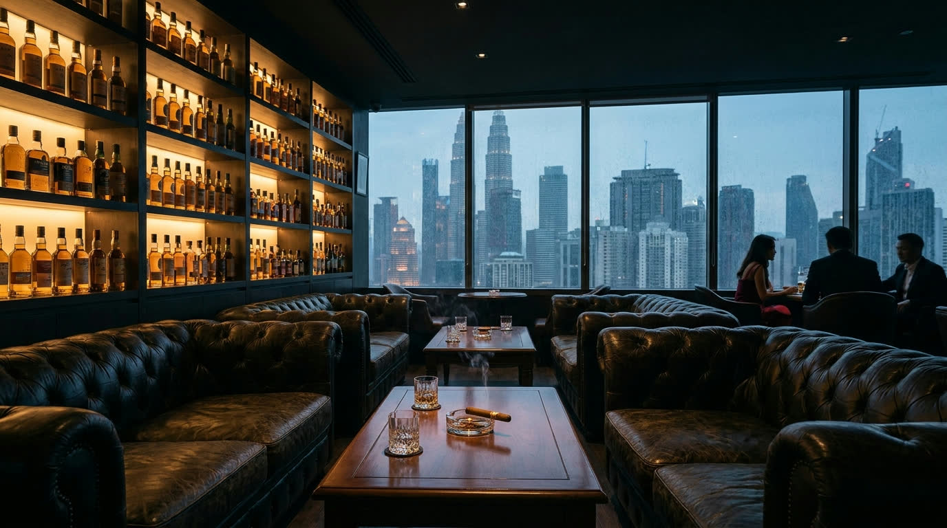 Leather sofas and backlit whisky wall in a Kuala Lumpur cigar lounge with city view