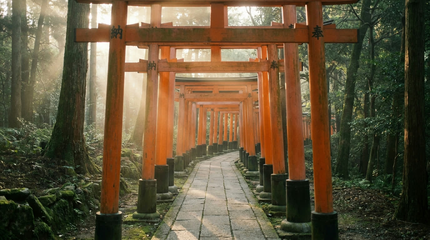 Vermilion torii gate tunnel at Fushimi Inari shrine, Kyoto, empty at dawn