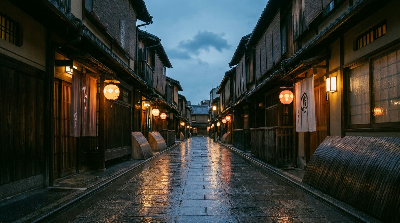 Lantern-lit stone lane of wooden machiya townhouses in Gion, Kyoto, at dusk