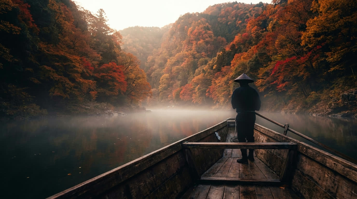 Wooden boat gliding through the forested Hozu river gorge near Arashiyama, Kyoto, in autumn