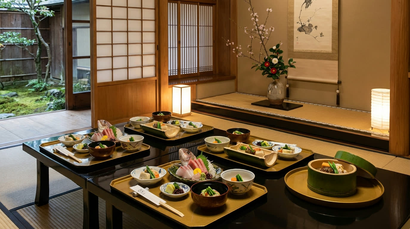 Kaiseki course on lacquerware in a private tatami dining room, Kyoto
