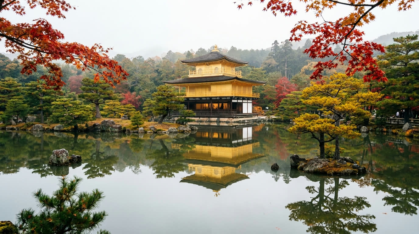 Kinkaku-ji, the Golden Pavilion, reflected in its pond with autumn maples, Kyoto