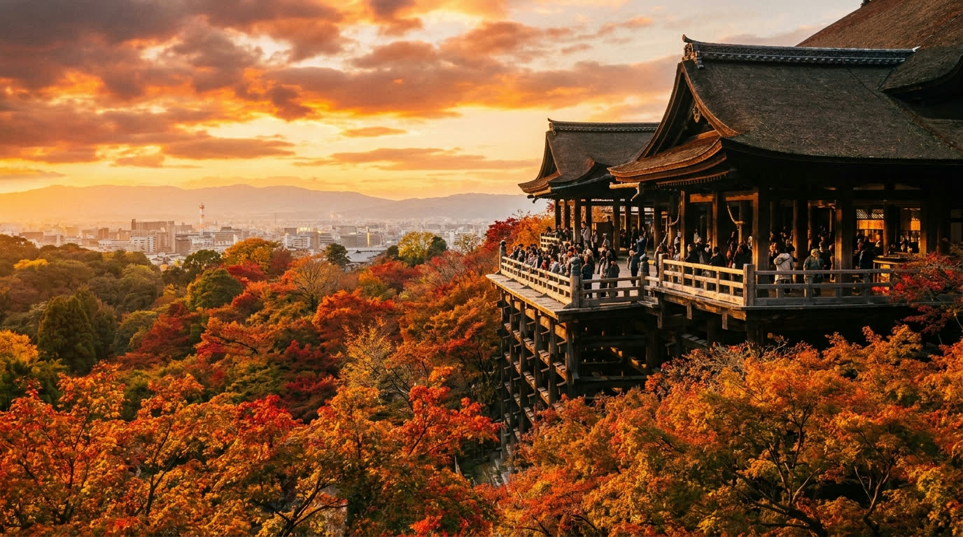 Kiyomizu-dera's wooden stage above autumn maples with Kyoto in the distance at sunset