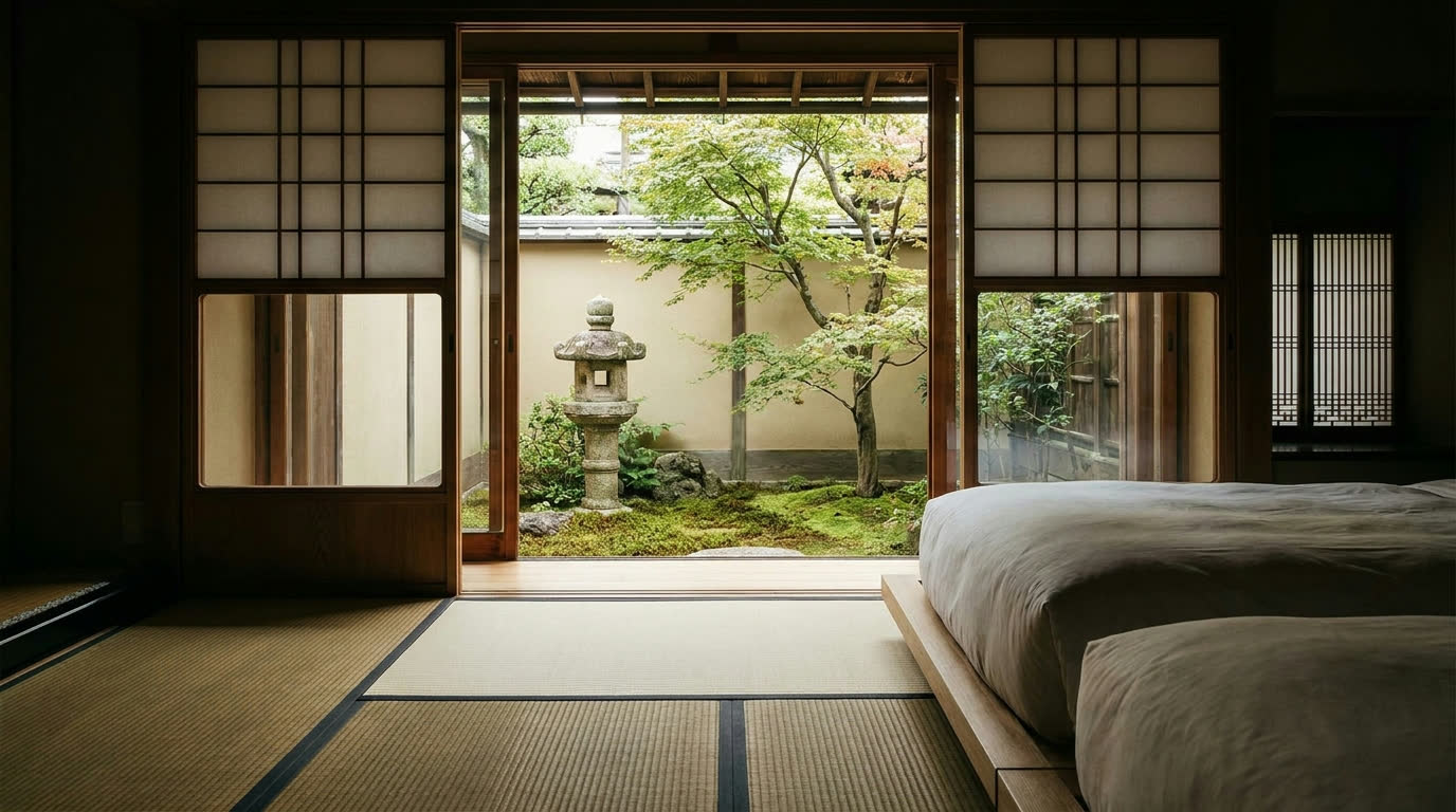 Ryokan suite with tatami floors and shoji screens opening onto a private moss garden, Kyoto