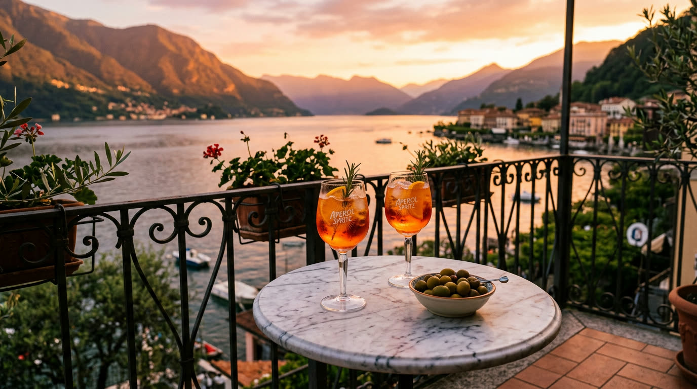 Two spritz glasses and olives on a marble table on a balcony above Lake Como at sunset