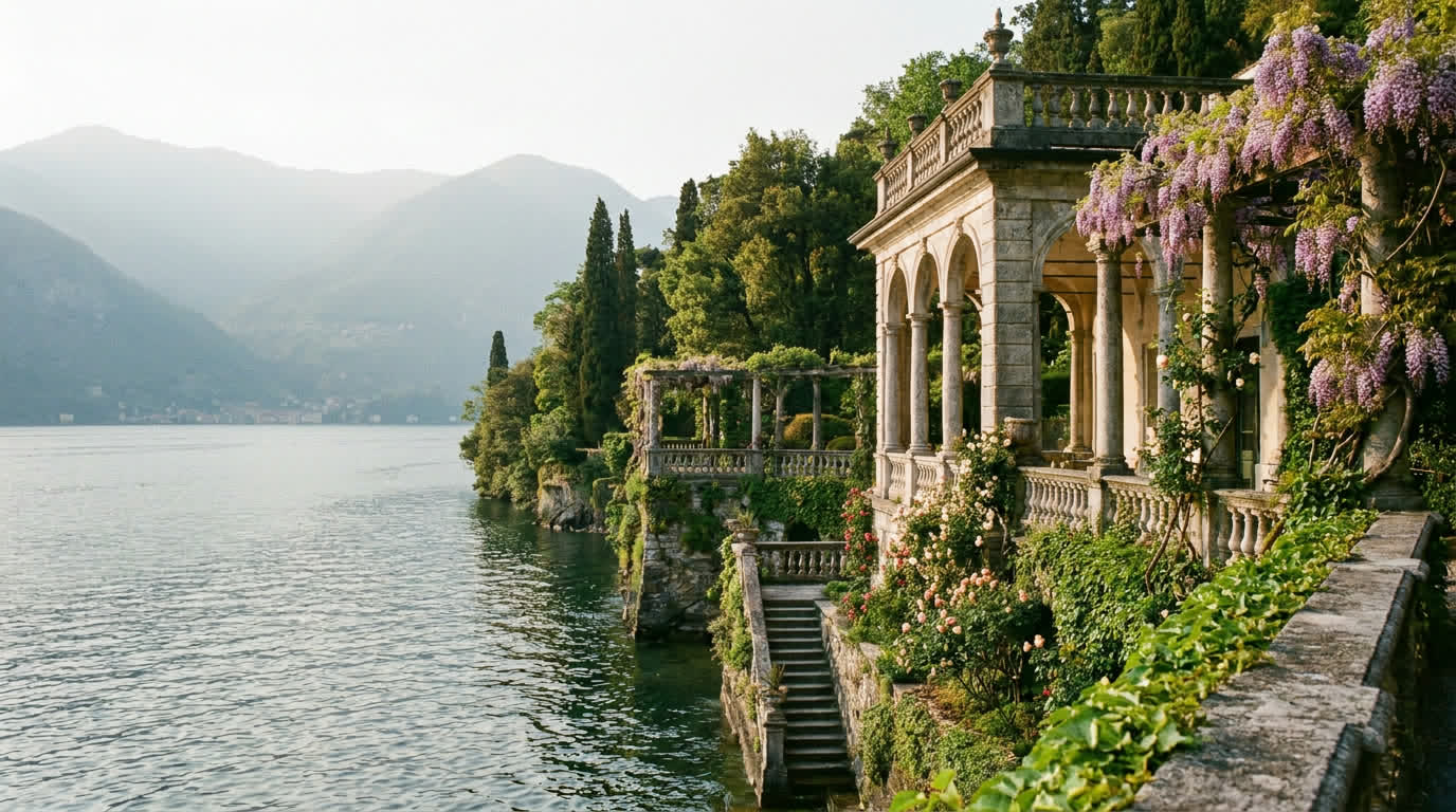 An elegant loggia and terraced gardens on a wooded promontory over Lake Como