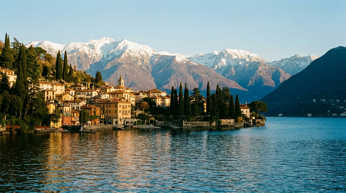 The Bellagio promontory dividing the blue arms of Lake Como, ochre village and cypress with Alps behind