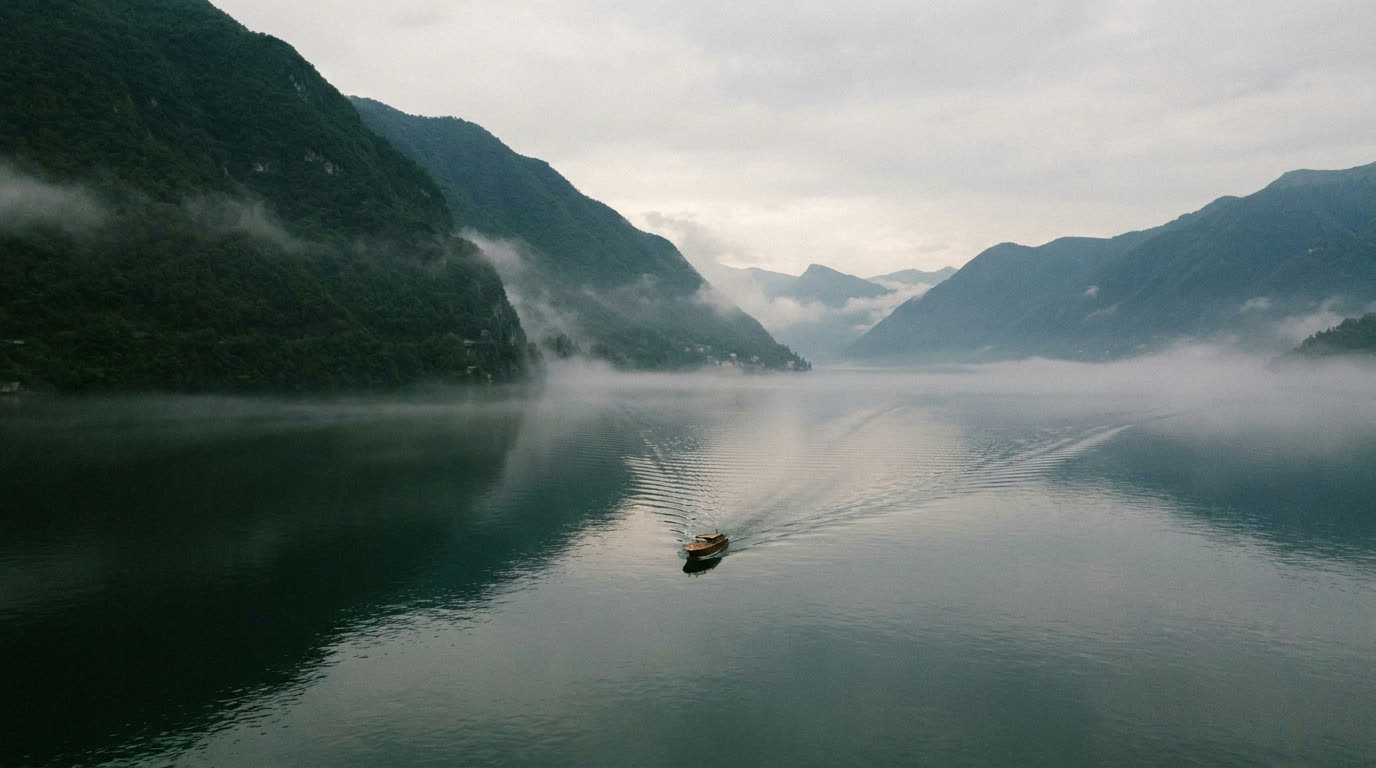 Morning mist lifting off Lake Como with dark green mountains meeting still water