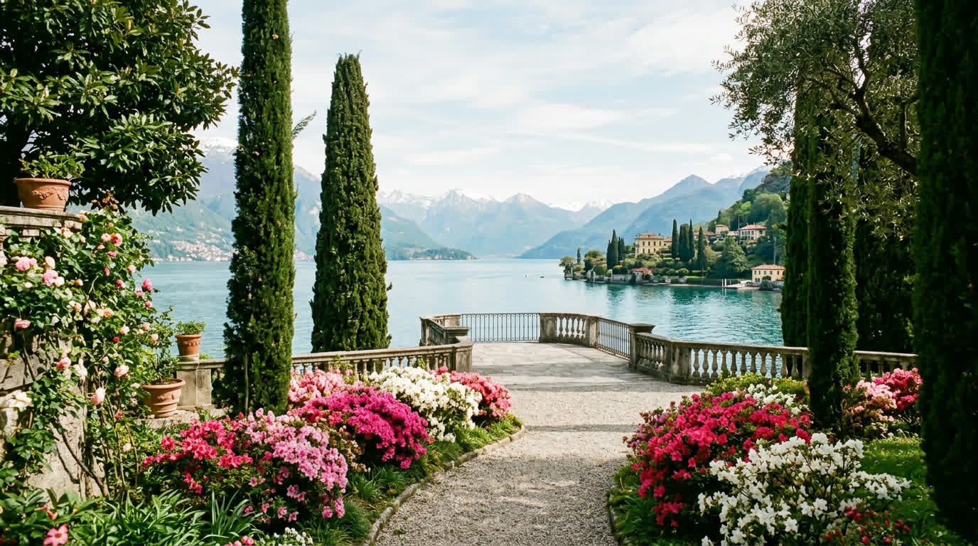 A historic lakeside garden with azaleas in bloom and cypress framing Lake Como
