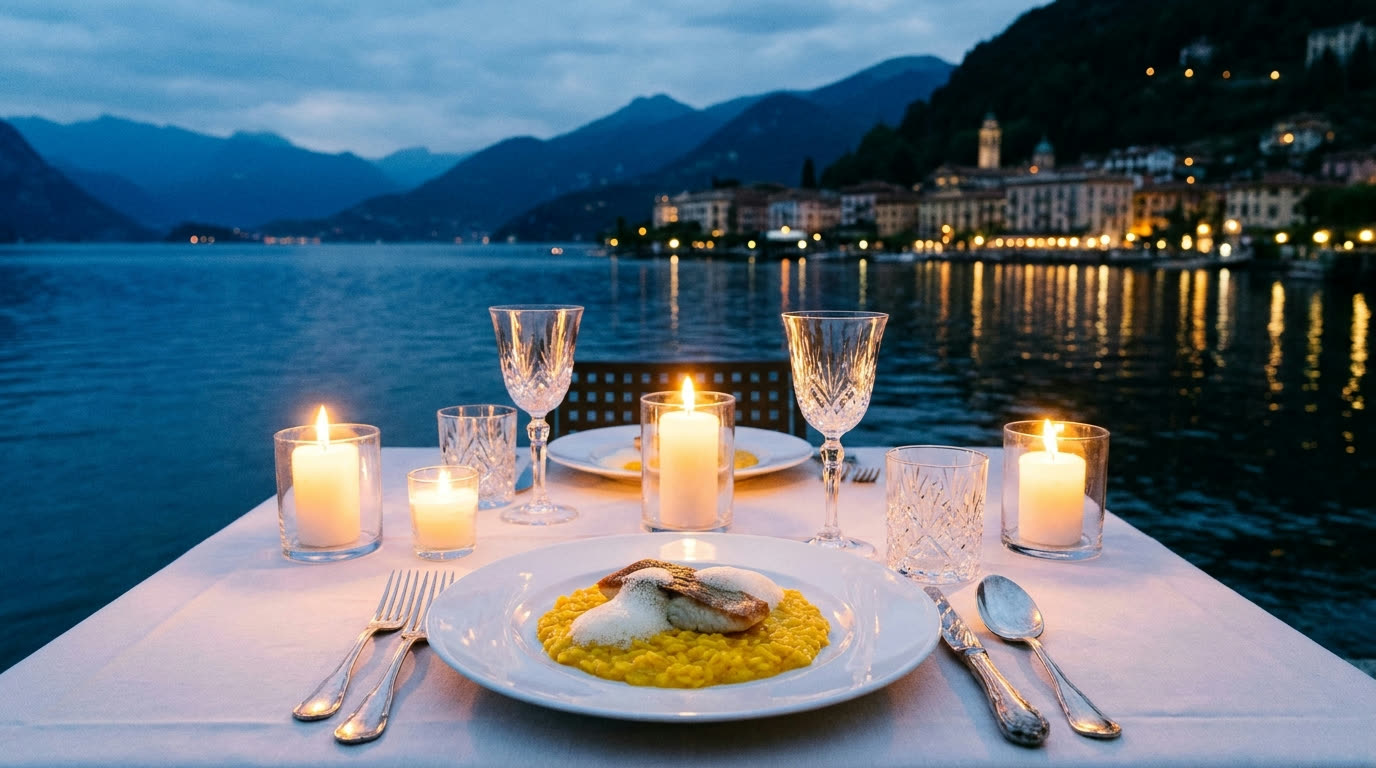 Perch risotto and white wine on a candlelit lakefront terrace at dusk on Lake Como