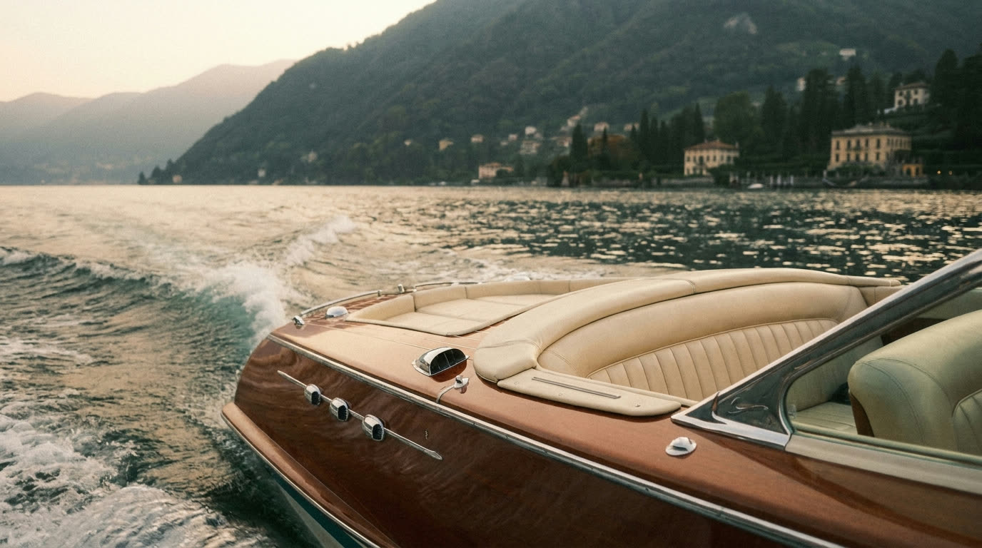 A polished mahogany classic wooden speedboat with chrome fittings crossing Lake Como