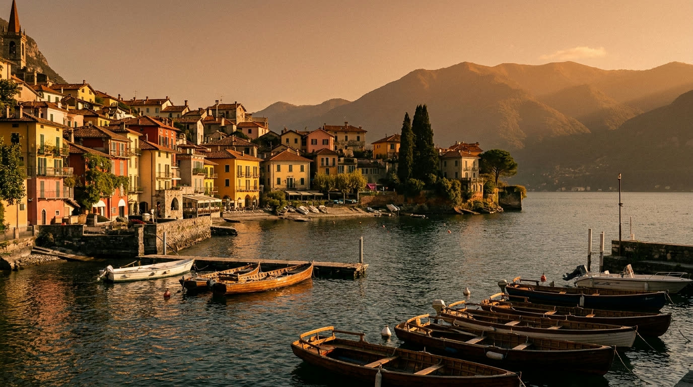 The pastel waterfront houses and small harbour of Varenna on Lake Como at golden hour
