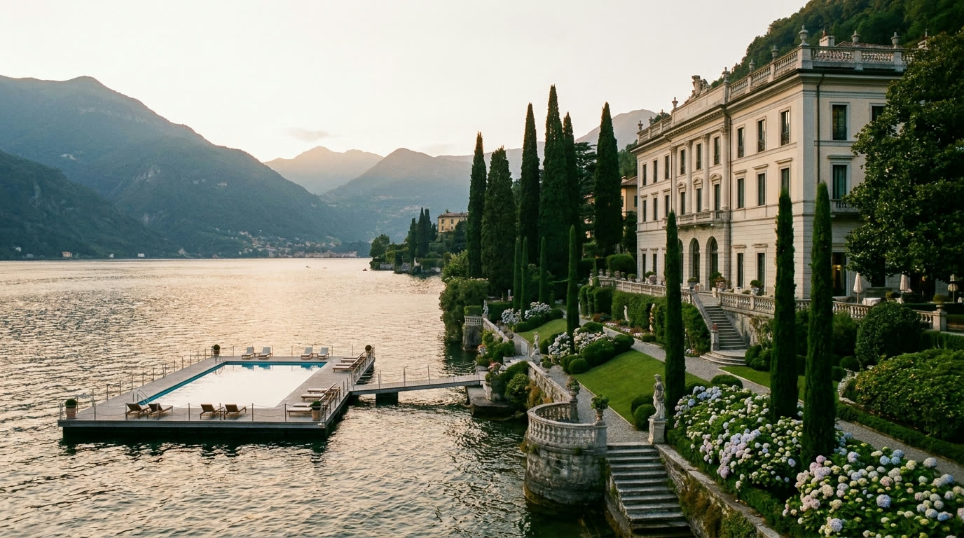 A grand neoclassical lakefront villa hotel on Lake Como with a pool floating on the lake
