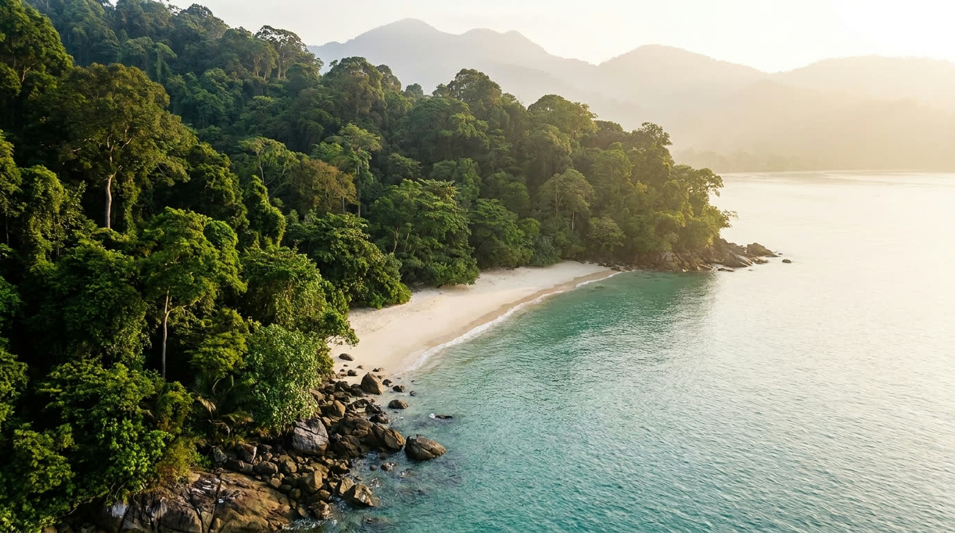 Ancient rainforest meeting the calm turquoise water of Datai Bay in Langkawi