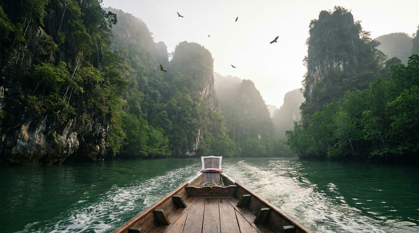 Limestone karst cliffs rising from mangrove channels in Kilim Geoforest Park, Langkawi