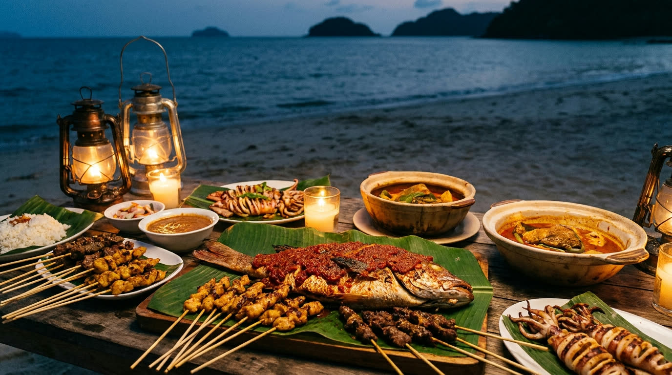 Malay seafood dinner with grilled fish, sambal and satay on a candlelit beachfront table in Langkawi