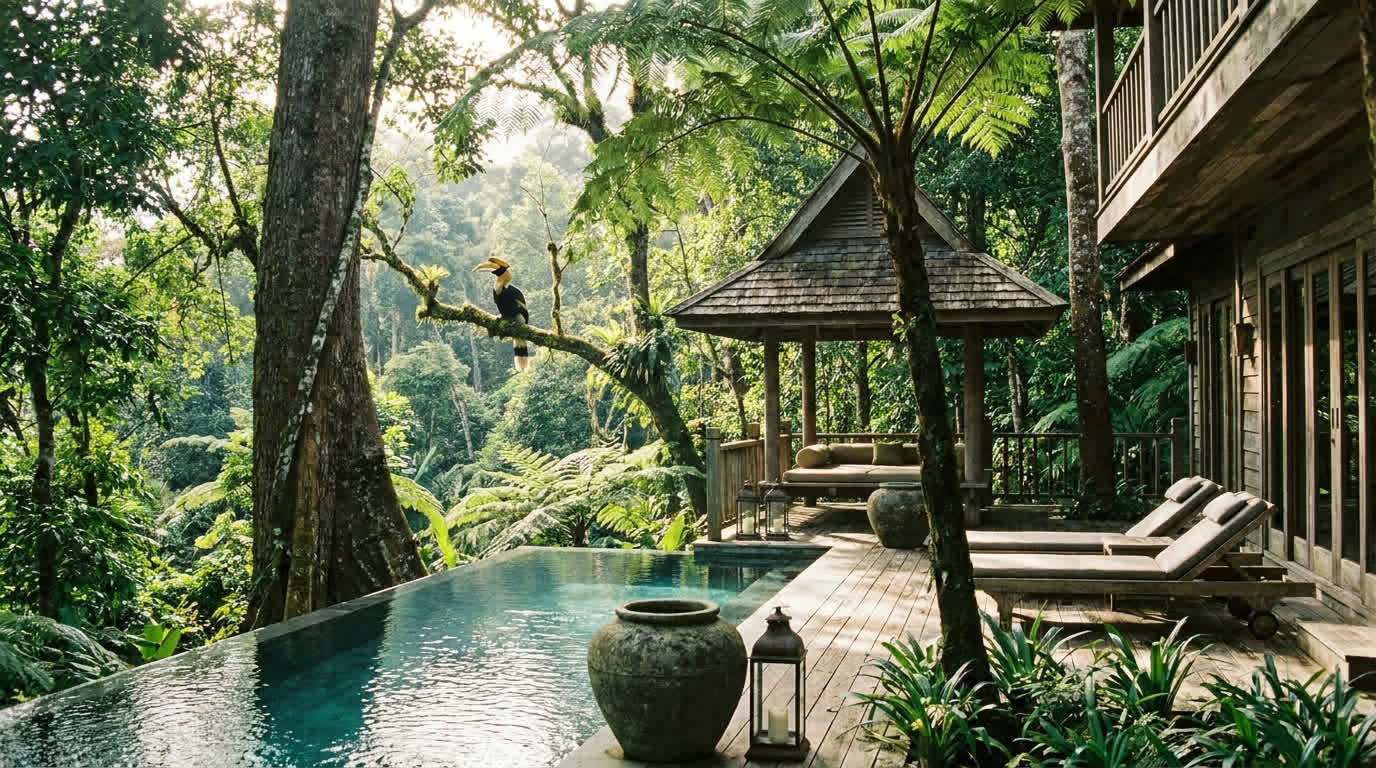 Private pool villa surrounded by dense ancient rainforest canopy in Langkawi