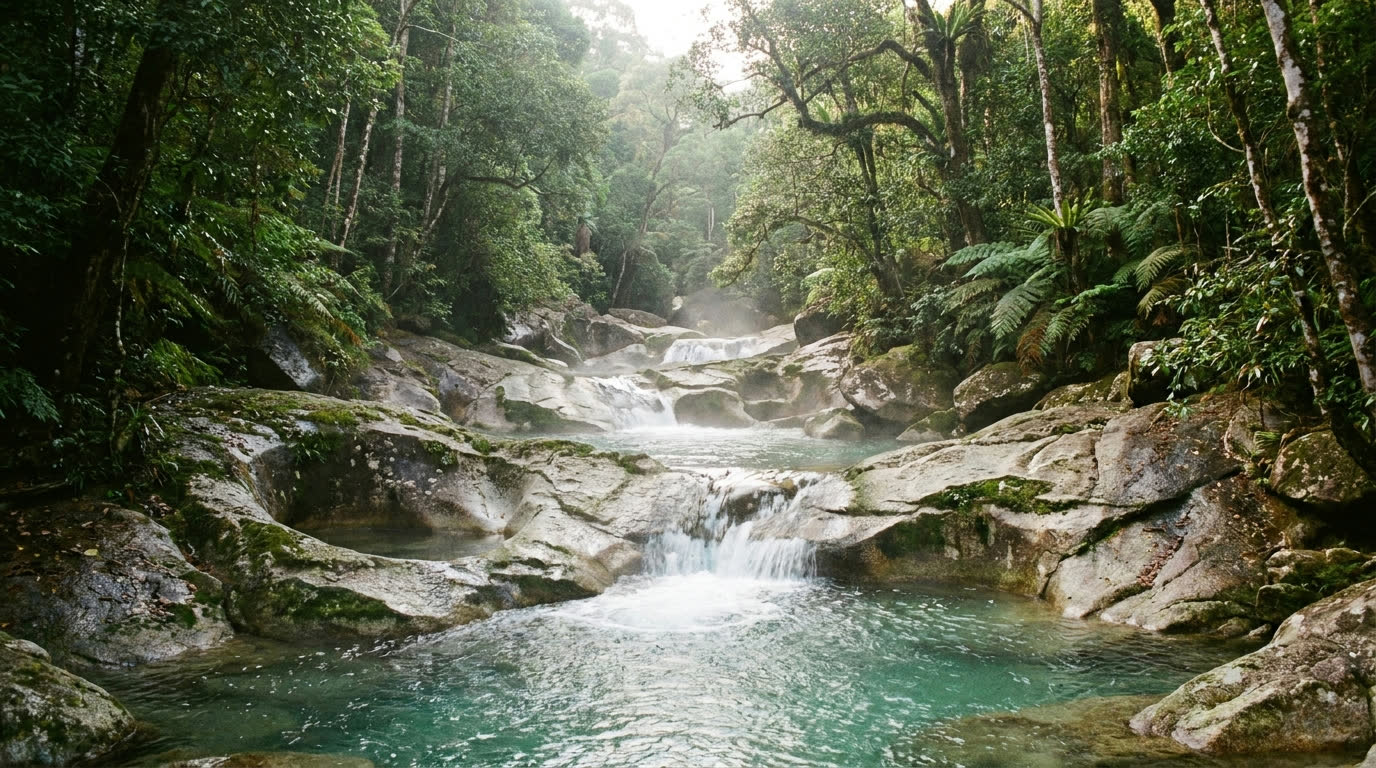 Smooth granite pools of the Telaga Tujuh Seven Wells waterfalls in Langkawi rainforest