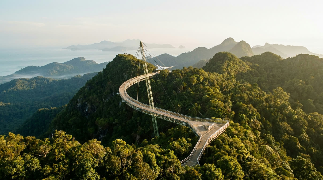 The curved Langkawi SkyBridge suspended above rainforest canopy on the Machinchang range