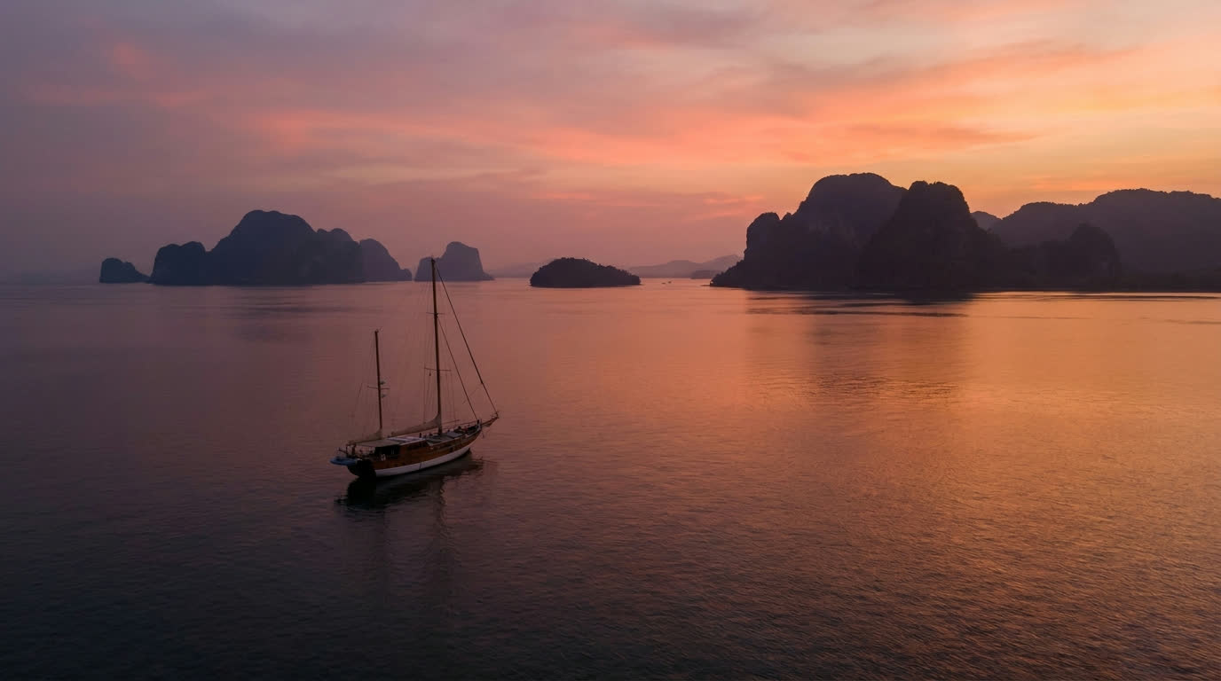 Sailing yacht at sunset on calm Andaman water with Langkawi's limestone islands in silhouette