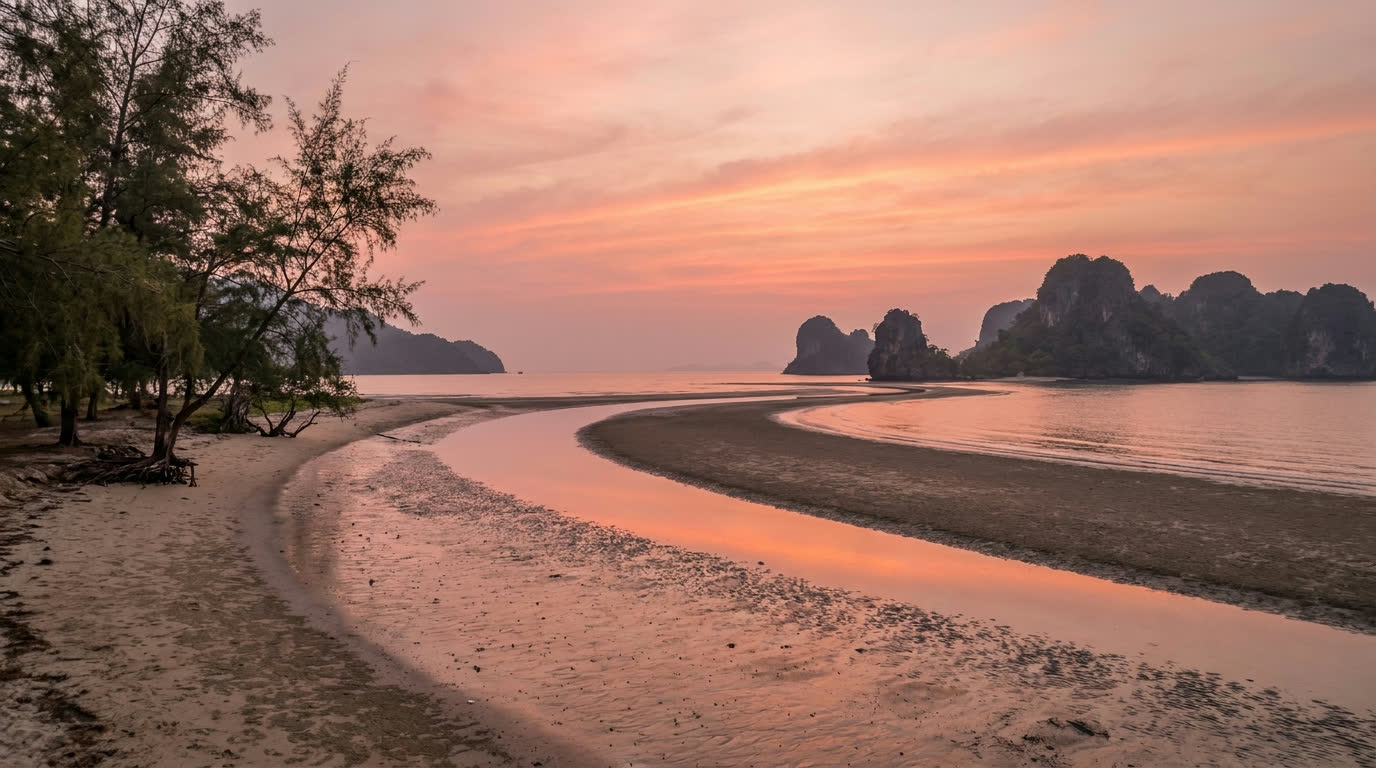 Low-tide sandbar stretching toward limestone islets at dawn at Tanjung Rhu, Langkawi
