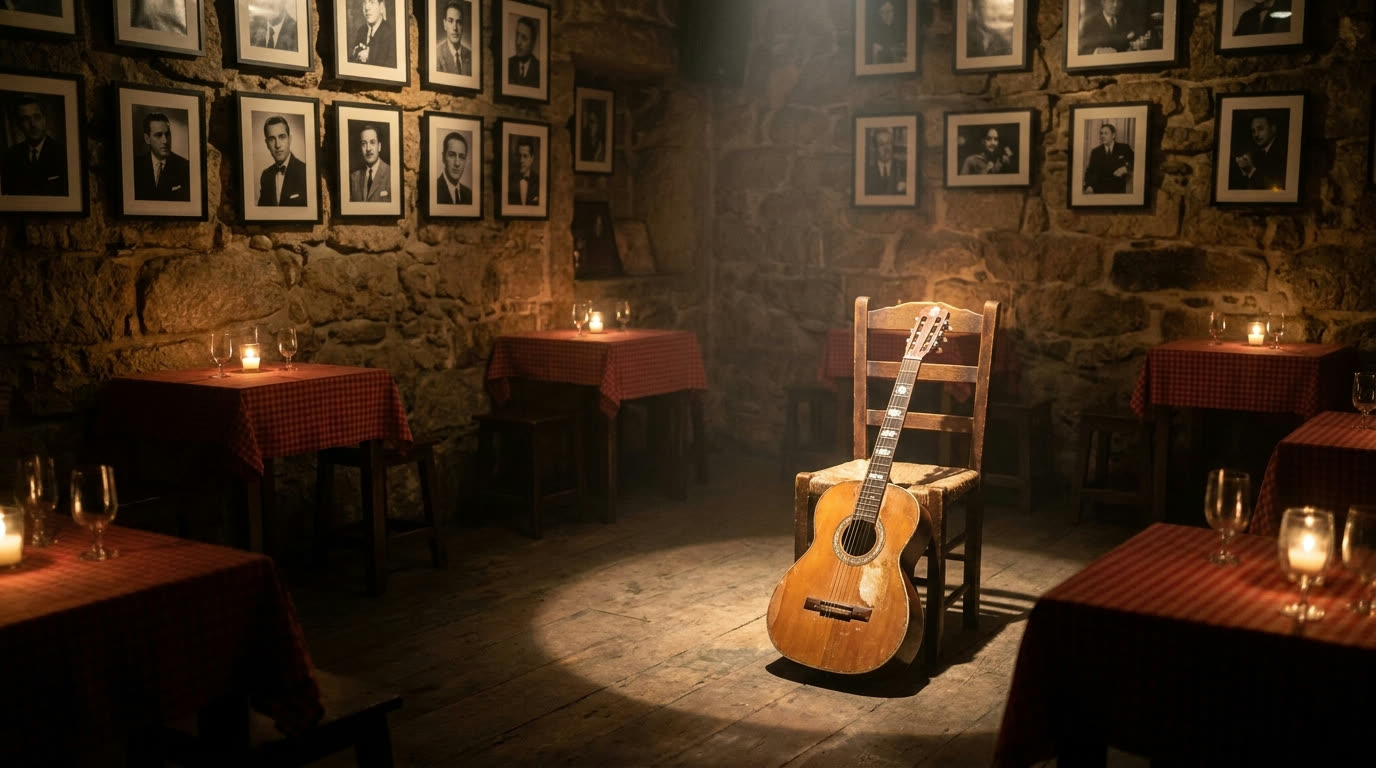 Candlelit fado house interior with Portuguese guitar, Lisbon