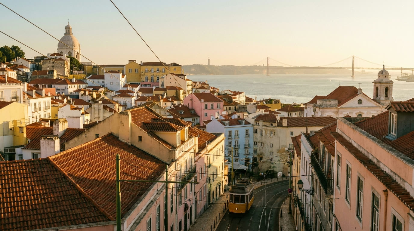 Alfama rooftops descending to the Tagus at golden hour, Lisbon