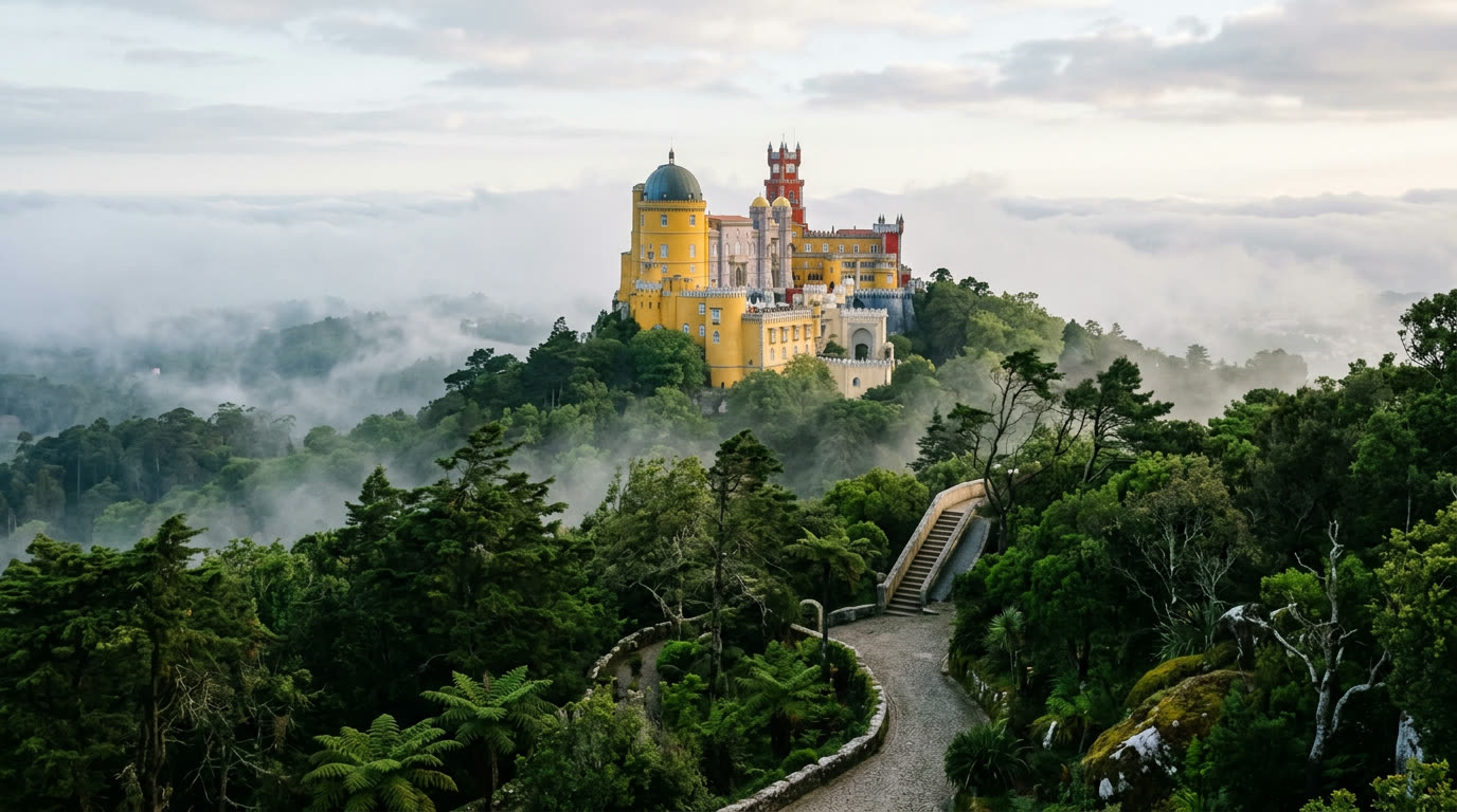 Pena Palace on its forested hilltop in morning mist, Sintra