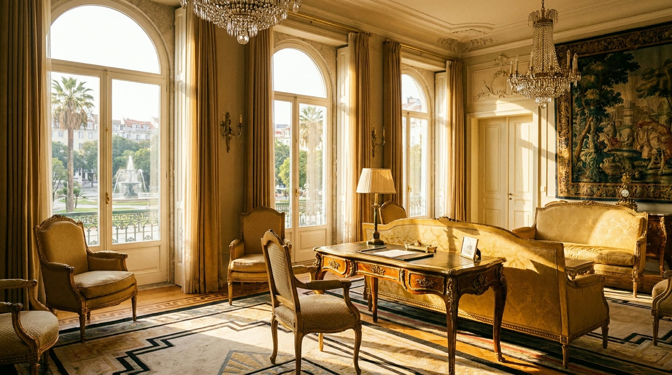 Art Deco luxury hotel suite overlooking a Lisbon park