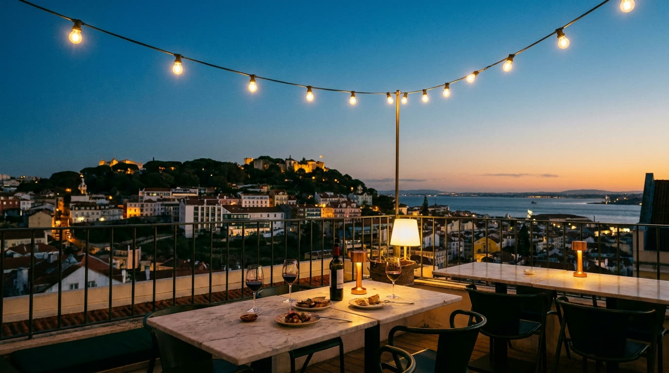Rooftop bar terrace at dusk over Lisbon's hills and the Tagus