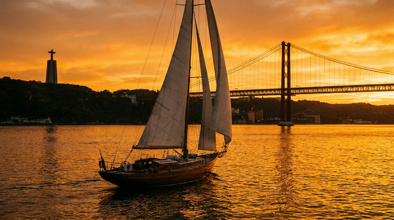 Sailing yacht on the Tagus at sunset with the 25 de Abril bridge, Lisbon