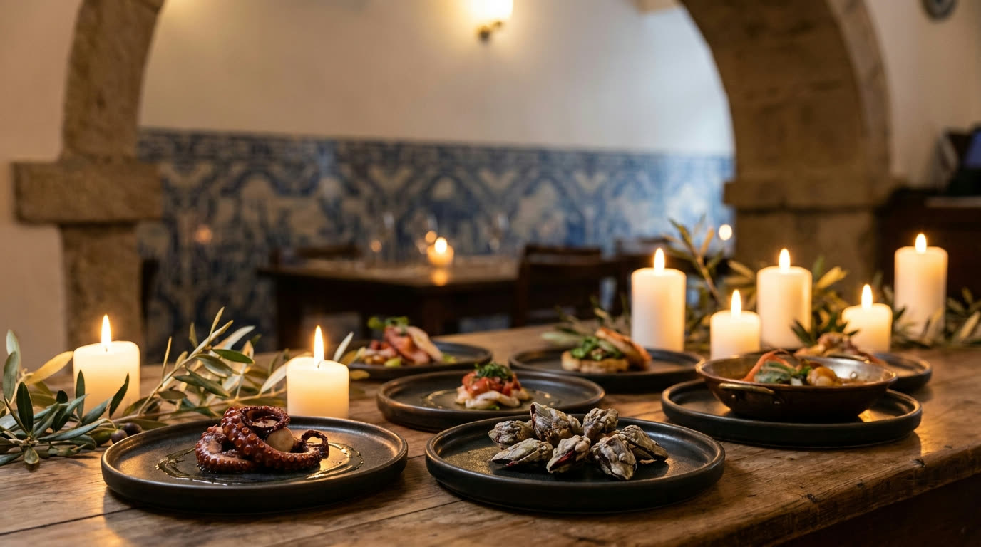 Contemporary Portuguese tasting course with azulejo backdrop, Lisbon