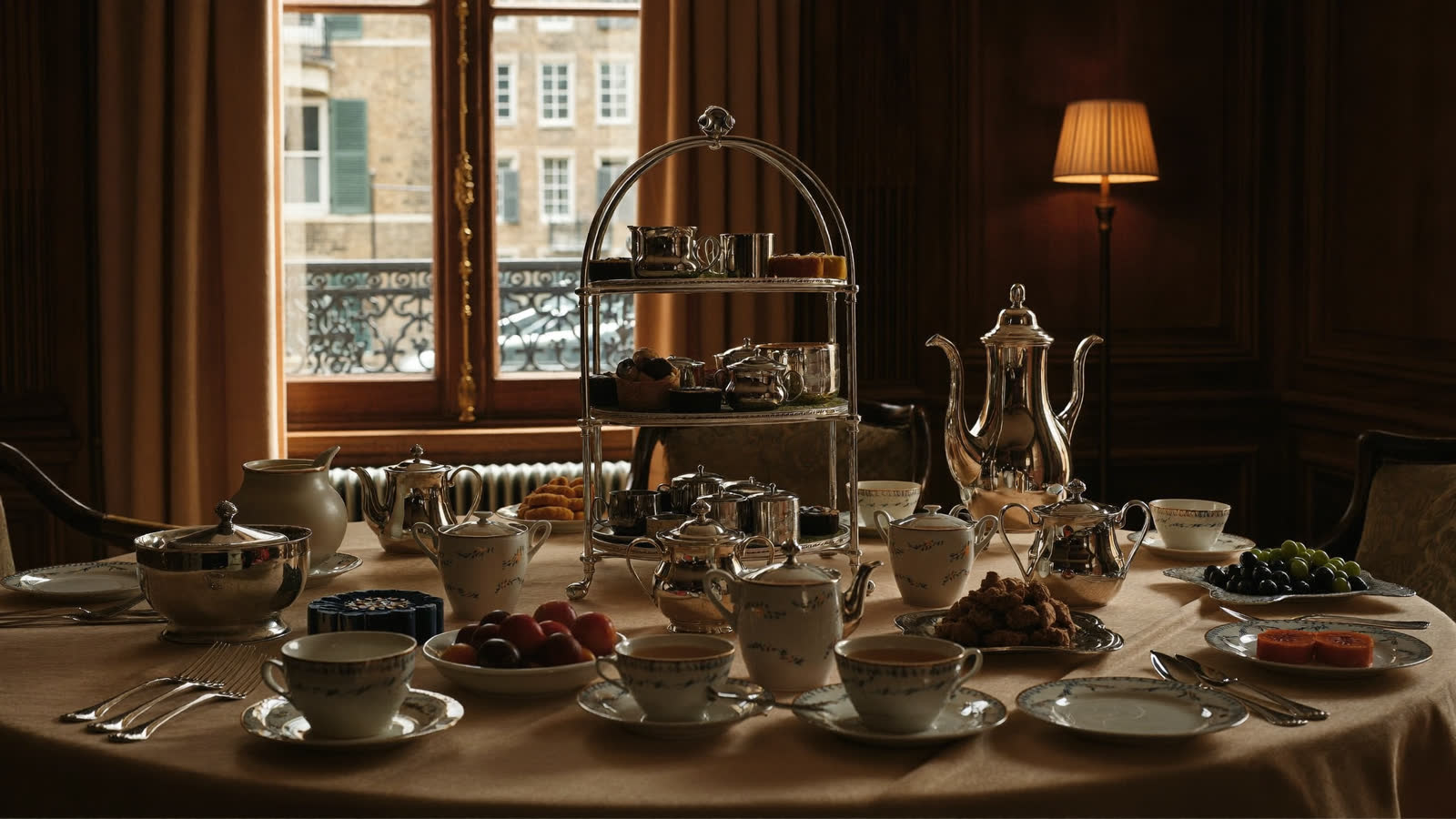 Afternoon tea with silver service in a wood-panelled London salon