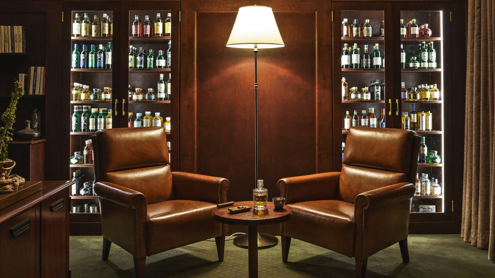 Leather armchairs and humidor cabinets in a London cigar lounge
