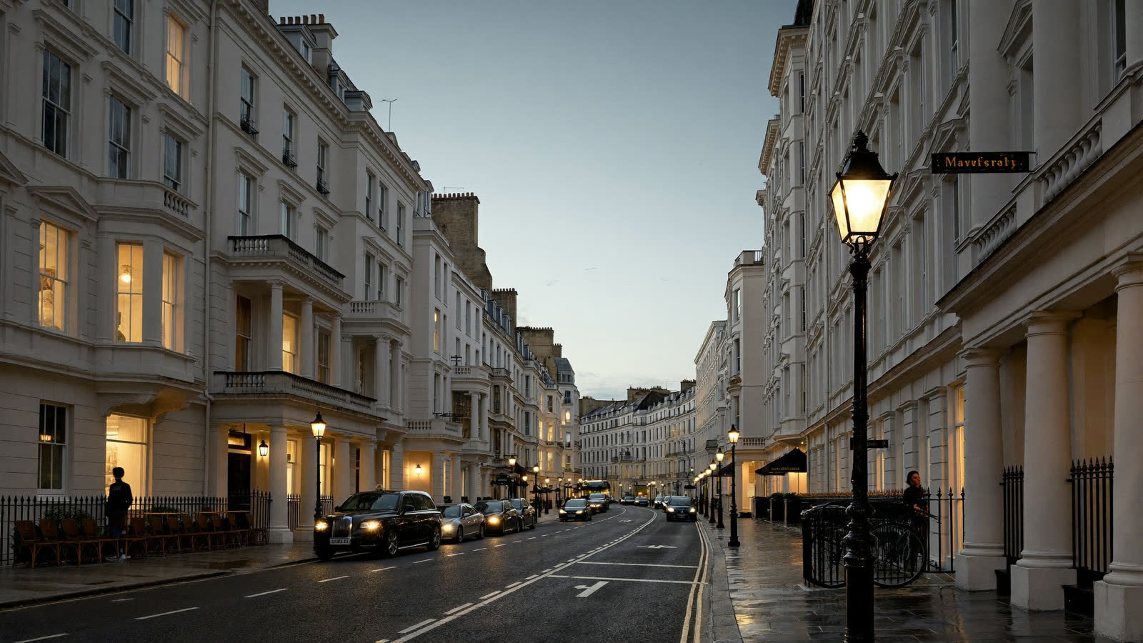 Mayfair street at dusk with Georgian townhouses and a black cab, London